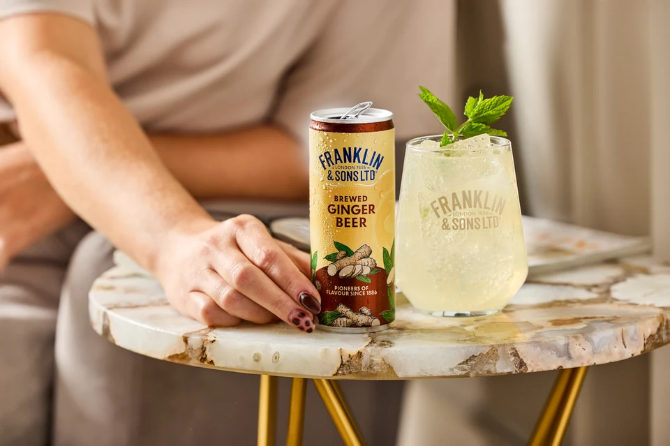 Oficiální skupinová lifestyle fotografie produktů F&S Ginger Beer plechovka 0,15l, F&S limonáda Malina plechovka 0,25l, F&S limonáda Bezinka plechovka 0,25l, F&S limonáda Pampeliška & Lopuch 0,275l.