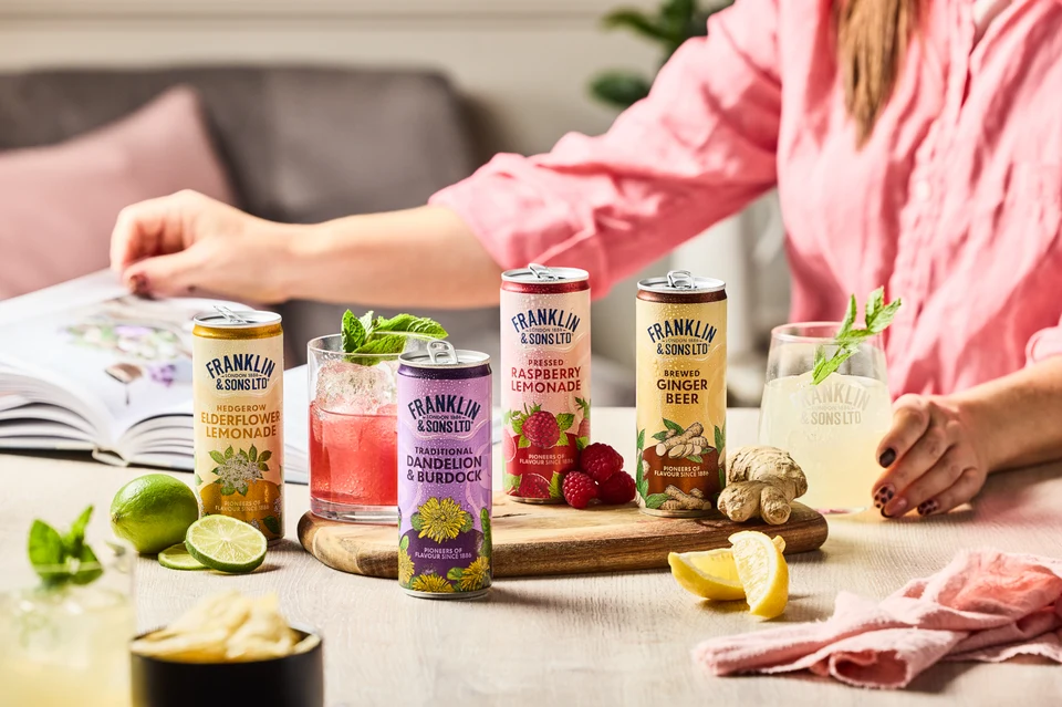 Oficiální skupinová lifestyle fotografie produktů F&S Ginger Beer plechovka 0,15l, F&S limonáda Malina plechovka 0,25l, F&S limonáda Bezinka plechovka 0,25l, F&S limonáda Pampeliška & Lopuch 0,275l.