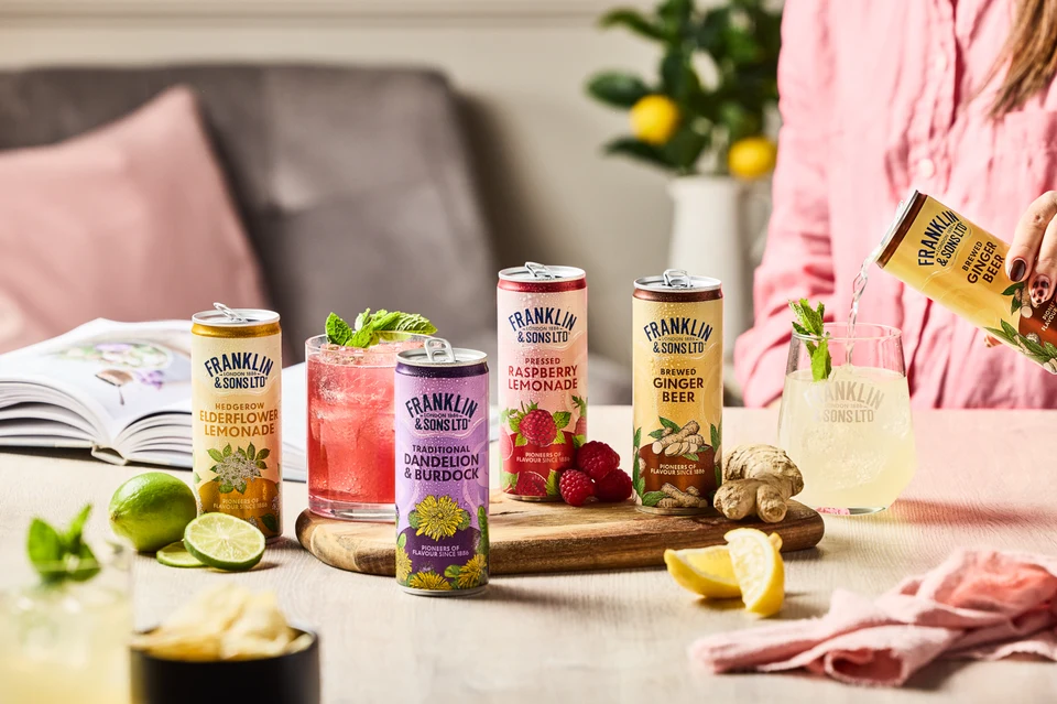 Oficiální skupinová lifestyle fotografie produktů F&S Ginger Beer plechovka 0,15l, F&S limonáda Malina plechovka 0,25l, F&S limonáda Bezinka plechovka 0,25l, F&S limonáda Pampeliška & Lopuch 0,275l.