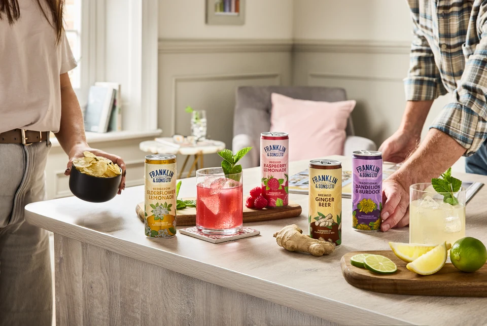 Oficiální skupinová lifestyle fotografie produktů F&S Ginger Beer plechovka 0,15l, F&S limonáda Malina plechovka 0,25l, F&S limonáda Bezinka plechovka 0,25l, F&S limonáda Pampeliška & Lopuch 0,275l.