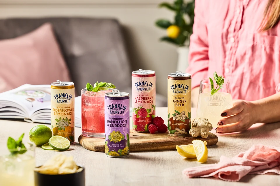Oficiální skupinová lifestyle fotografie produktů F&S Ginger Beer plechovka 0,15l, F&S limonáda Malina plechovka 0,25l, F&S limonáda Bezinka plechovka 0,25l, F&S limonáda Pampeliška & Lopuch 0,275l.
