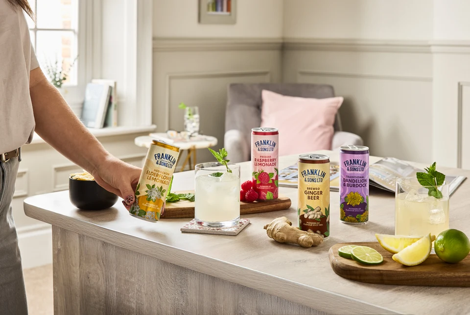 Oficiální skupinová lifestyle fotografie produktů F&S Ginger Beer plechovka 0,15l, F&S limonáda Malina plechovka 0,25l, F&S limonáda Bezinka plechovka 0,25l, F&S limonáda Pampeliška & Lopuch 0,275l.