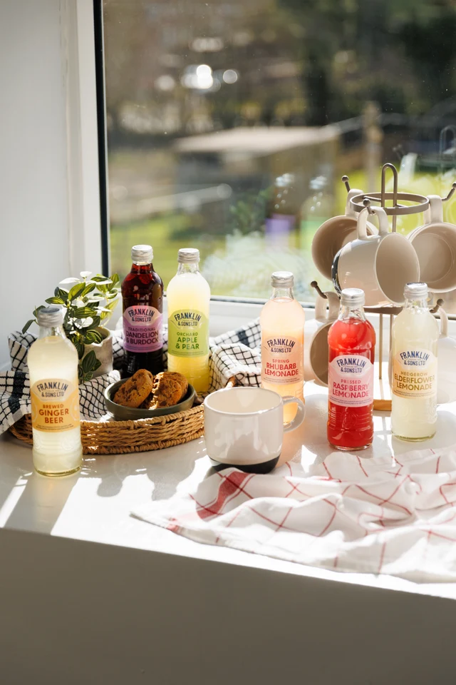 Oficiální skupinová lifestyle fotografie produktů F&S Ginger Beer 0,2l, F&S Ginger Beer plechovka 0,15l, F&S limonáda Pampeliška & Lopuch 0,275l, F&S limonáda Malina 0,275l, F&S limonáda Malina plechovka 0,25l, F&S limonáda Bezinka 0,275l, F&S limonáda Bezinka plechovka 0,25l, F&S limonáda Růže 0,275l, F&S limonáda Broskev & Mango 0,275l, F&S limonáda Jablko & Hruška 0,275l.