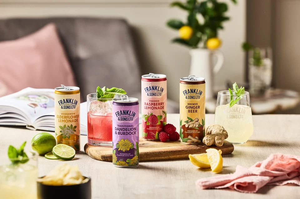 Oficiální skupinová lifestyle fotografie produktů F&S Ginger Beer plechovka 0,15l, F&S limonáda Malina plechovka 0,25l, F&S limonáda Bezinka plechovka 0,25l, F&S limonáda Pampeliška & Lopuch 0,275l.