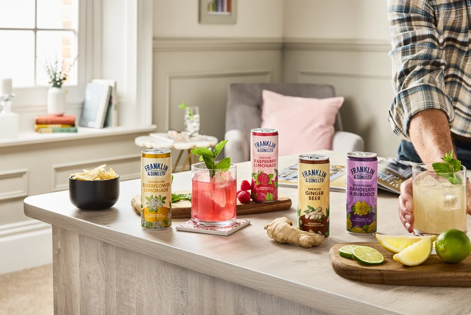 Oficiální skupinová lifestyle fotografie produktů F&S Ginger Beer plechovka 0,15l, F&S limonáda Malina plechovka 0,25l, F&S limonáda Bezinka plechovka 0,25l, F&S limonáda Pampeliška & Lopuch 0,275l.