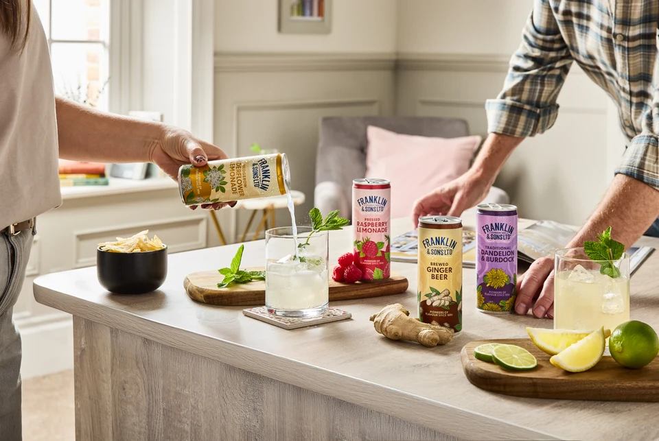 Oficiální skupinová lifestyle fotografie produktů F&S Ginger Beer plechovka 0,15l, F&S limonáda Malina plechovka 0,25l, F&S limonáda Bezinka plechovka 0,25l, F&S limonáda Pampeliška & Lopuch 0,275l.