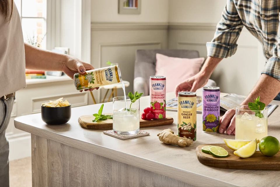 Oficiální skupinová lifestyle fotografie produktů F&S Ginger Beer plechovka 0,15l, F&S limonáda Malina plechovka 0,25l, F&S limonáda Bezinka plechovka 0,25l, F&S limonáda Pampeliška & Lopuch 0,275l.