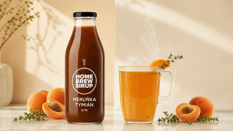 horký nápoj s lahví; produkt Meruňka & tymián.