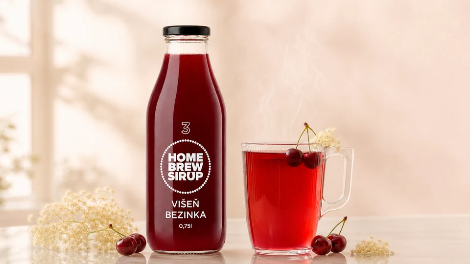 horký nápoj s lahví; produkt Višeň & bezinka.