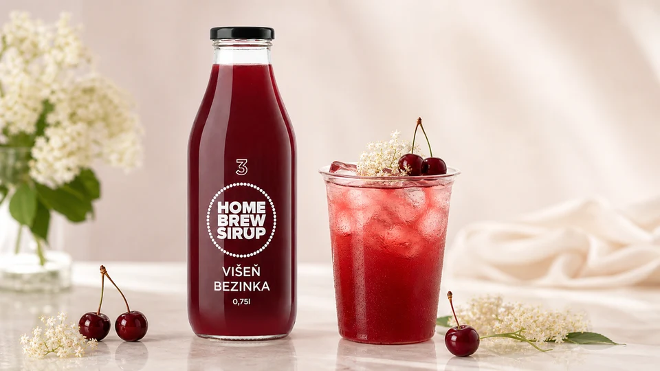 studená limonáda s lahví; produkt Višeň & bezinka.