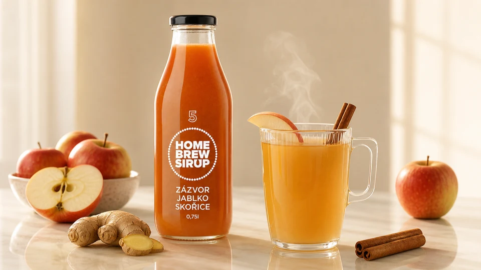 horký nápoj s lahví; produkt Zázvor, jablko & skořice.
