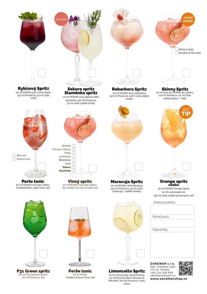 Spritz MENU 2026 - nabídka jedenácti spritz nápojů