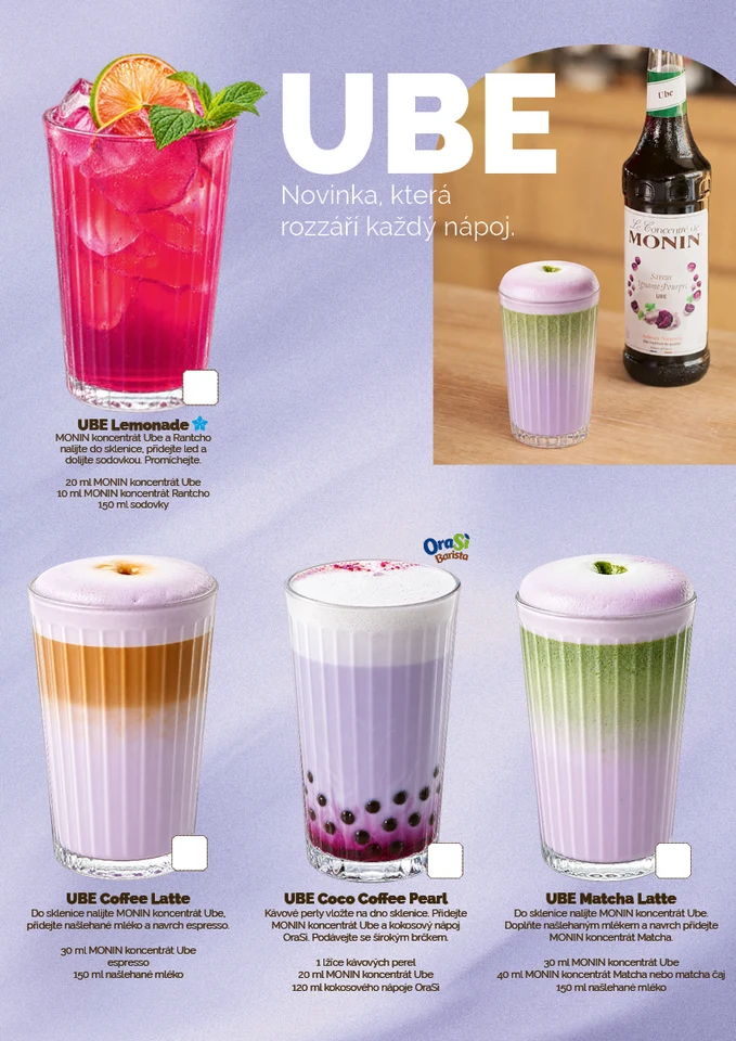 UBE limonáda, kávové a matcha nápoje