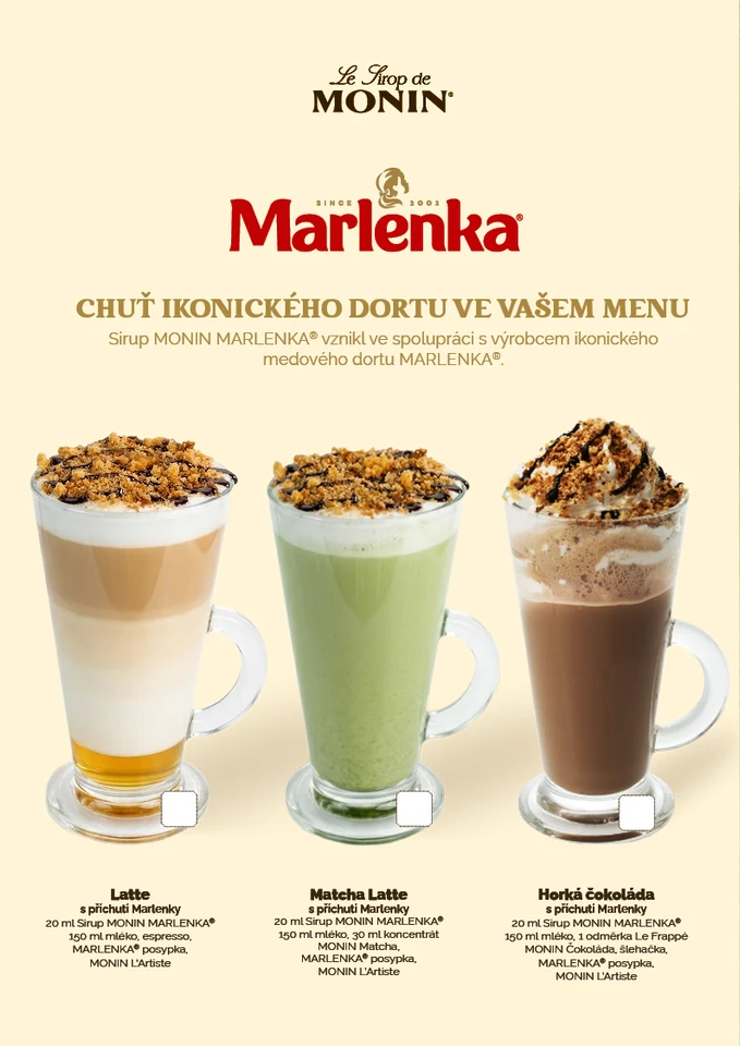MONIN Marlenka - latte, matcha latte a horká čokoláda