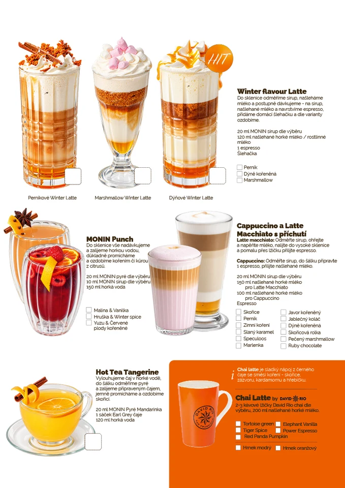 Zimní latte, punče, cappuccino, čaj a David Rio chai latte