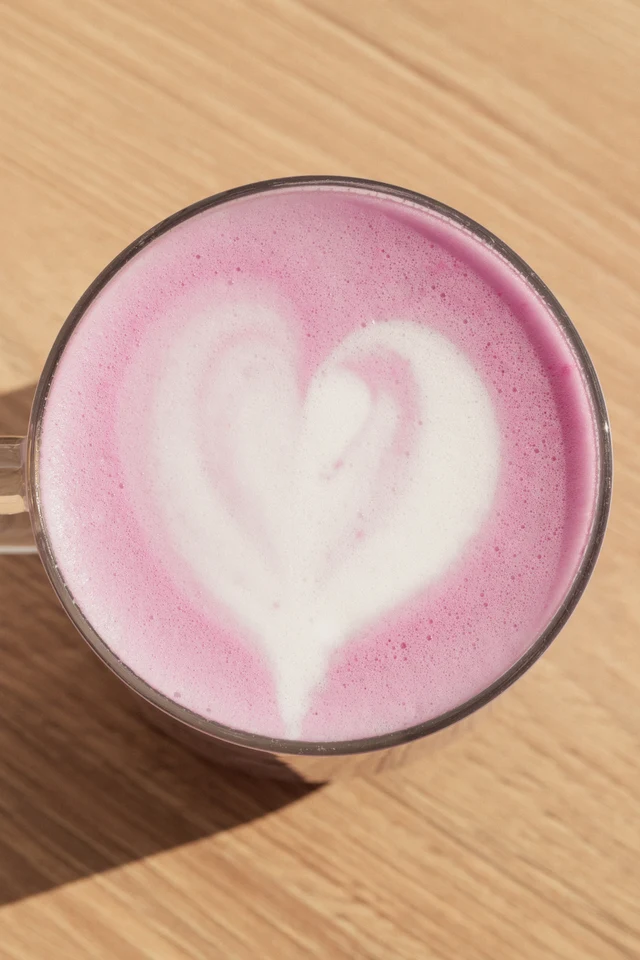 Pohled shora na růžovofialové Ube latte se světlým latte artem.